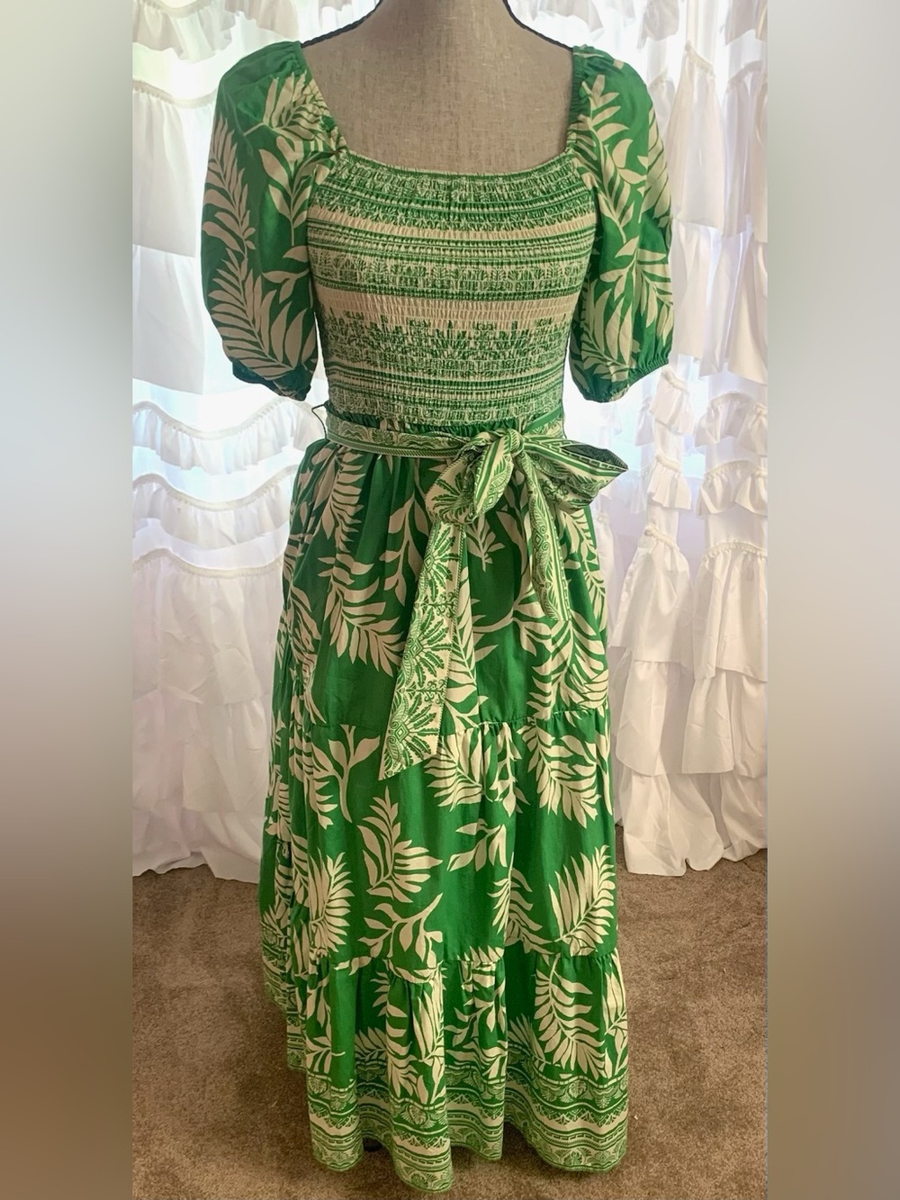 Aura Green and Cream Leaf-Print Maxi Dress with Smocked Bodice
